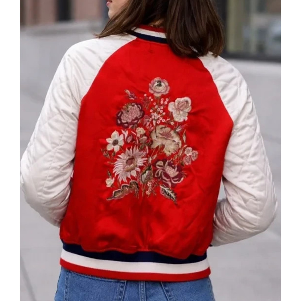 American Eagle Embroidered Bomber Jacket Womens S Floral Satin Quilted Sleeve